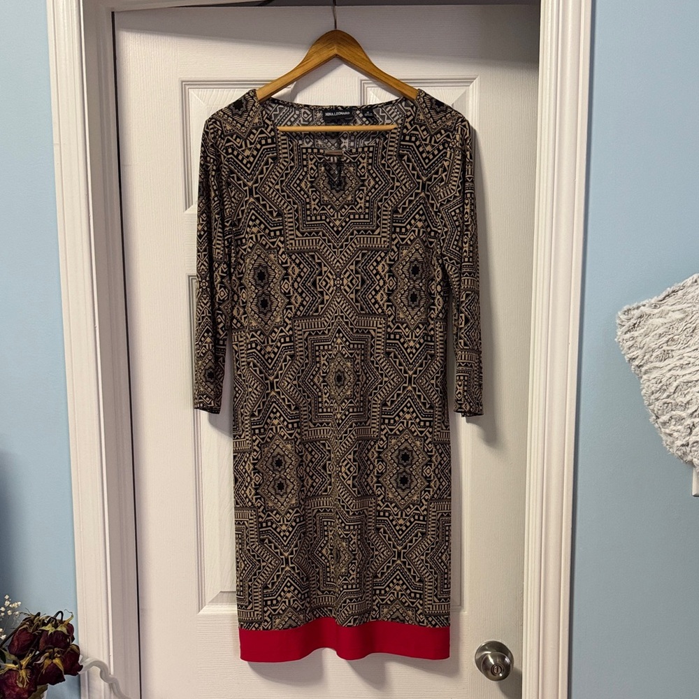Nina Leonard Geometric Black and Red Long Sleeve Dress